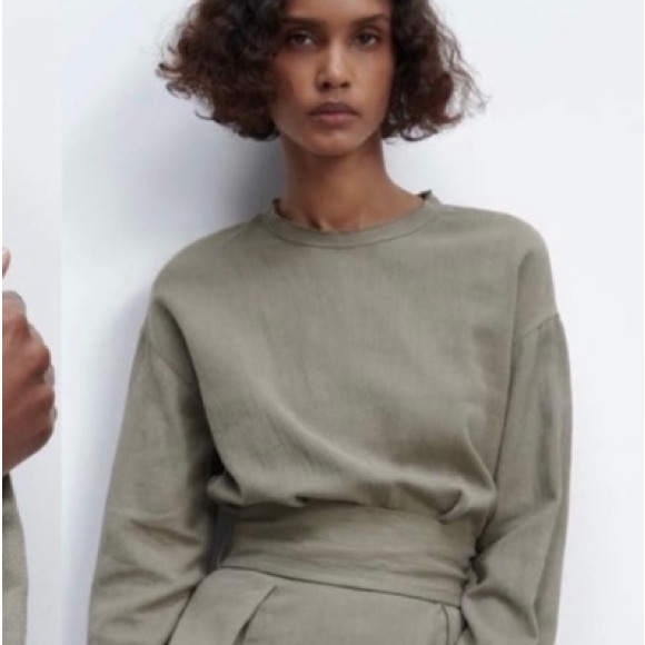 ZARA Linen Blend Midi Dress with Tie Belt Size Large Khaki - Picture 3 of 5